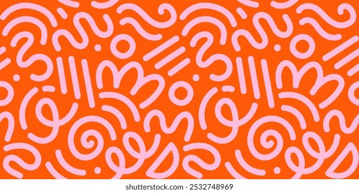 Memphis geometric seamless pattern. Multicolor abstract background in retro 80s, 90s style with various shapes: circles, dots, zigzags, spirals, wavy lines. Bright orange pink cute kid doodle design.