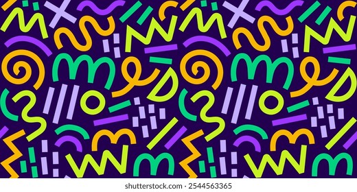 Memphis geometric seamless pattern. Multicolor abstract background in retro 80s, 90s style with various shapes: circles, semicircles, dots, zigzags, spirals, wavy lines. Cute kid doodle design.	