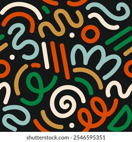 Memphis geometric seamless pattern. Multicolor abstract background, retro 80s, 90s style with basic shapes: circles, semicircles, dots, zigzags, spirals, wavy lines. Cute kid doodle wallpaper design.	