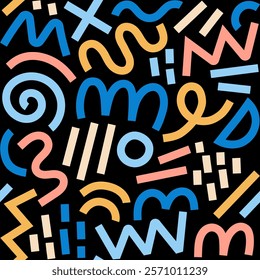 Memphis geometric seamless pattern. Multicolor abstract background in retro 80s, 90s style with various shapes: circles, semicircles, dots, zigzags, spirals, wavy lines. Cute kid doodle design.	