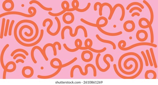 Memphis geometric seamless pattern. Multicolor abstract background in retro 80s, 90s style with various shapes: circles, dots, zigzags, spirals, wavy lines. Bright orange pink cute kid doodle design