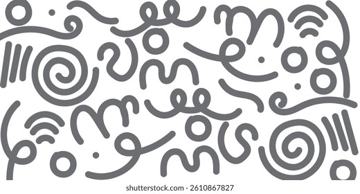 Memphis geometric seamless pattern. Multicolor abstract background in retro 80s, 90s style with various shapes: circles, dots, zigzags, spirals, wavy lines. Bright orange pink cute kid doodle design