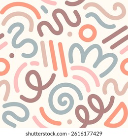 Memphis geometric seamless pattern. Multicolor abstract background in retro 80s, 90s style with various shapes: circles, semicircles, dots, zigzags, spirals, wavy lines. Cute kid doodle design.	