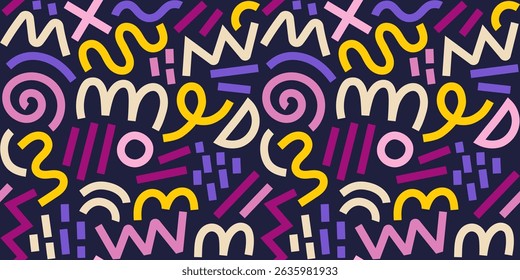Memphis geometric seamless pattern. Multicolor abstract background in retro 80s, 90s style with various shapes: circles, semicircles, dots, zigzags, spirals, wavy lines. Cute kid doodle design.	
