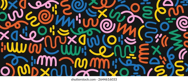 Memphis geometric seamless pattern. Multicolor abstract background in retro 80s, 90s style with various shapes: circles, semicircles, dots, zigzags, spirals, wavy lines. Cute kid doodle design.