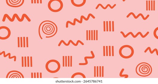 Memphis geometric seamless pattern. Multicolor abstract background in retro 80s, 90s style with various shapes: circles, dots, zigzags, spirals, wavy lines. Bright orange pink cute kid doodle design.