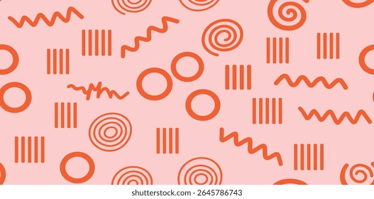 Patrón geométrico de Memphis sin fisuras. Fondo abstracto multicolor en estilo retro de los años 80, 90 con varias Formas: círculos, puntos, zigzags, espirales, líneas onduladas. Diseño lindo del garabato del niño del color naranja brillante.