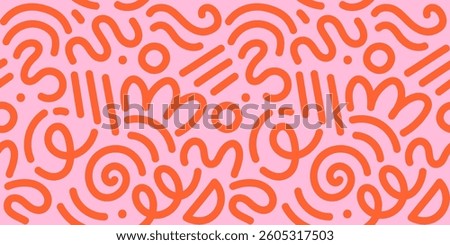 Memphis geometric seamless pattern. Multicolor abstract background in retro 80s, 90s style with various shapes: circles, dots, zigzags, spirals, wavy lines. Bright orange pink cute kid doodle design.	