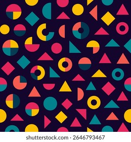 Padrão contínuo geométrico de Mênfis. Fundo abstrato multicolorido. Retro estilo 80s, 90s. Papel de parede com várias formas círculos, semicírculos, triângulos. Design bonito doodle criança