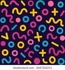 Memphis geometric seamless pattern. Multicolored abstract background. Retro 80s, 90s style. Wallpaper with various shapes circles, semicircles, dots, zigzags, spirals, wavy lines. Cute kid doodle desi