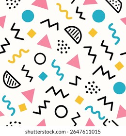 Motif géométrique harmonieux de Memphis. Arrière-plan abstrait multicolore. Rétro années 80, style années 90. Fond d'écran avec diverses formes cercles, demi-cercles, points, zigzags, triangles, lignes ondulées. Joli doodle pour enfants