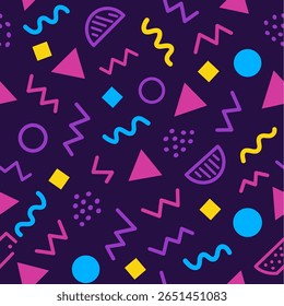 Padrão contínuo geométrico de Mênfis. Fundo abstrato multicolorido. Retro estilo 80s, 90s. Papel de parede com várias formas círculos, semicírculos, pontos, ziguezague, espirais, linhas onduladas. Desi de doodle de criança bonito