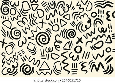 Memphis geometric seamless pattern. pastel abstract background in retro 80s, 90s style with various shapes: circles, semicircles, dots, zigzags, spirals, wavy lines. Cute kid doodle design.