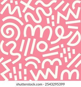 Memphis geometric seamless pattern. Pink pastel abstract background in retro 80s, 90s style with various shapes: circles, semicircles, dots, zigzags, spirals, wavy lines. Cute kid doodle design.	
