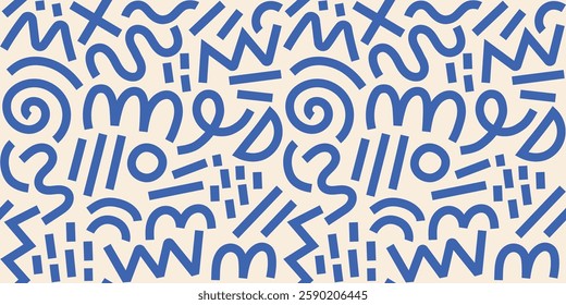 Memphis geometric seamless pattern. Pink blue abstract background in retro 80s, 90s style with various shapes: circles, semicircles, dots, zigzags, spirals, wavy lines. Cute kid doodle design.	