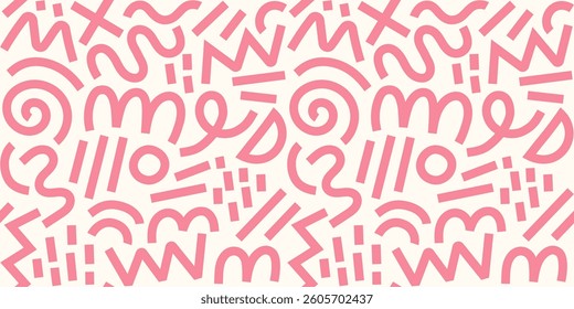 Memphis geometric seamless pattern. Pink pastel abstract background in retro 80s, 90s style with various shapes: circles, semicircles, dots, zigzags, spirals, wavy lines. Cute kid doodle design.	