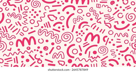 Memphis geometric seamless pattern. Pink pastel abstract background in retro 80s, 90s style with various shapes: circles, semicircles, dots, zigzags, spirals, wavy lines.