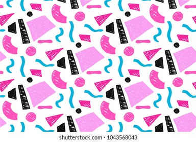 Memphis geometric seamless pattern in retro style. Doodle pattern hand-drawn pen, ink, chalk. Wallpapers scattered cutting elements.
