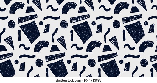 Memphis geometric seamless pattern in retro style. Doodle pattern hand-drawn pen, ink, chalk. Wallpapers scattered cutting elements.