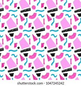 Memphis geometric seamless pattern in retro style. Doodle pattern hand-drawn pen, ink, chalk. Wallpapers scattered cutting elements.