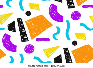 Memphis geometric seamless pattern in retro style. Doodle pattern hand-drawn pen, ink, chalk. Wallpapers scattered cutting elements.