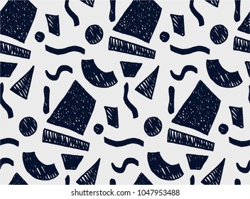 Memphis geometric seamless pattern in retro style. Doodle pattern hand-drawn pen, ink, chalk. Wallpapers scattered cutting elements.