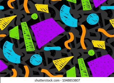 Memphis geometric seamless pattern in retro style. Doodle pattern hand-drawn pen, ink, chalk. Wallpapers scattered cutting elements.