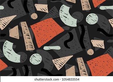 Memphis geometric seamless pattern in retro style. Doodle pattern hand-drawn pen, ink, chalk. Wallpapers scattered cutting elements.