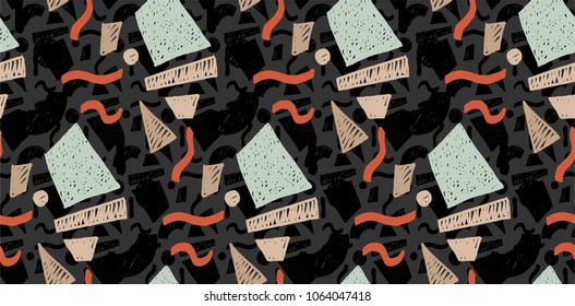 Memphis geometric seamless pattern in retro style. Doodle pattern hand-drawn pen, ink, chalk. Wallpapers scattered cutting elements.