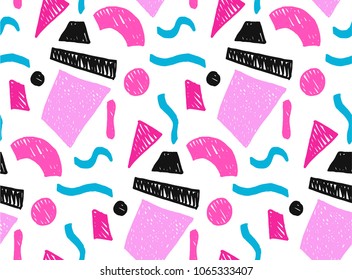 Memphis geometric seamless pattern in retro style. Doodle pattern hand-drawn pen, ink, chalk. Wallpapers scattered cutting elements.