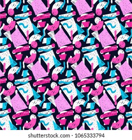 Memphis geometric seamless pattern in retro style. Doodle pattern hand-drawn pen, ink, chalk. Wallpapers scattered cutting elements.