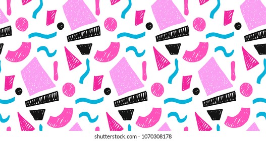 Memphis geometric seamless pattern in retro style. Doodle pattern hand-drawn pen, ink, chalk. Wallpapers scattered cutting elements.