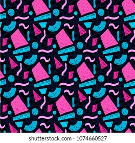 Memphis geometric seamless pattern in retro style. Doodle pattern hand-drawn pen, ink, chalk. Wallpapers scattered cutting elements.