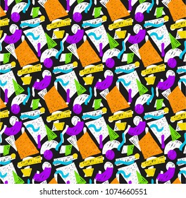 Memphis geometric seamless pattern in retro style. Doodle pattern hand-drawn pen, ink, chalk. Wallpapers scattered cutting elements.