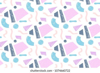 Memphis geometric seamless pattern in retro style. Doodle pattern hand-drawn pen, ink, chalk. Wallpapers scattered cutting elements.