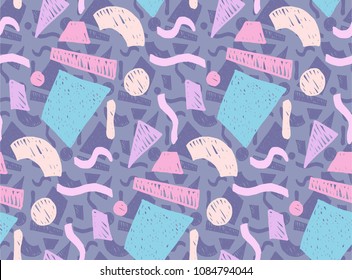 Memphis geometric seamless pattern in retro style. Doodle pattern hand-drawn pen, ink, chalk. Wallpapers scattered cutting elements.