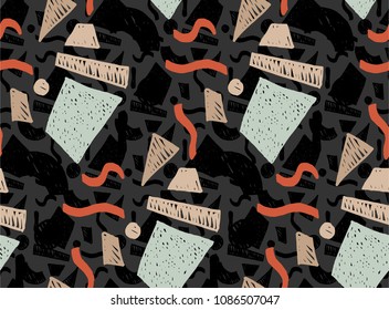 Memphis geometric seamless pattern in retro style. Doodle pattern hand-drawn pen, ink, chalk. Wallpapers scattered cutting elements.