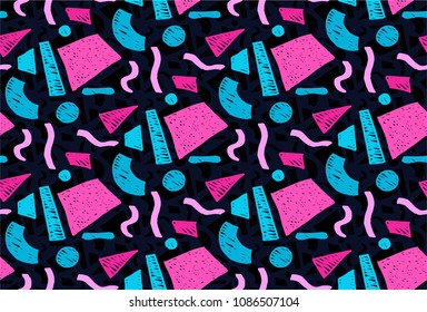 Memphis geometric seamless pattern in retro style. Doodle pattern hand-drawn pen, ink, chalk. Wallpapers scattered cutting elements.