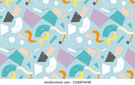 Memphis geometric seamless pattern in retro style. Doodle pattern hand-drawn pen, ink, chalk. Wallpapers scattered cutting elements.