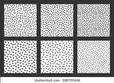 Memphis geometric seamless pattern set. 80-90s terndy style. Abstract black and white mosaic texture of different shapes. Design element for invintation, web, banner, retro design. Vector illustration