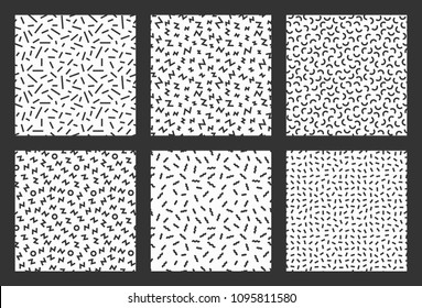 Memphis geometric seamless pattern set. 80-90s terndy style. Abstract black and white mosaic texture of different shapes. Design element for invintation, web, banner, retro design. Vector illustration