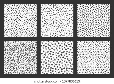 Memphis geometric seamless pattern set. 80-90s terndy style. Abstract black and white mosaic texture of different shapes. Design element for invintation, web, banner, retro design. Vector illustration