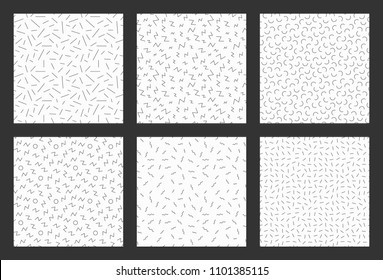 Memphis geometric seamless pattern set. 80-90s terndy style. Abstract black and white mosaic texture of different shapes. Design element for invintation, web, banner, retro design. Vector illustration