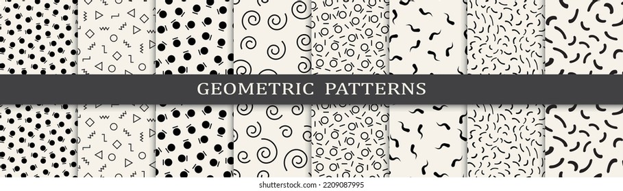 Memphis geometric seamless pattern set.