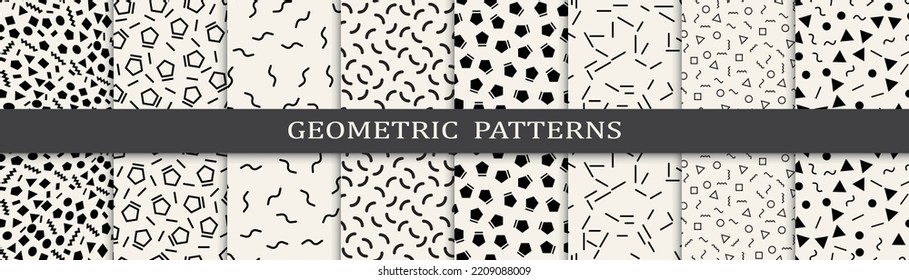 Memphis geometric seamless pattern set.