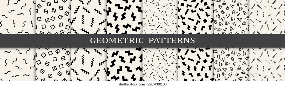 Memphis geometric seamless pattern set.
