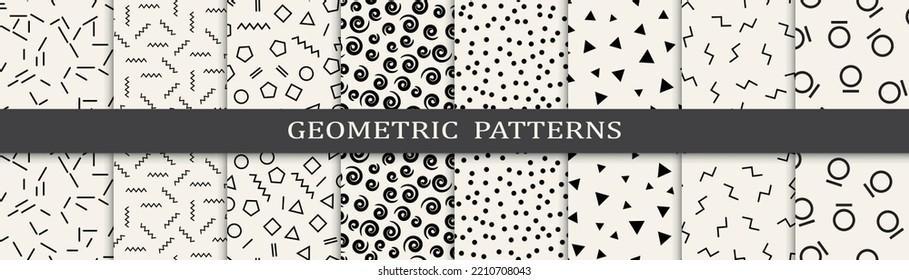 Memphis geometric seamless pattern set.