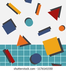 Memphis geometric seamless pattern with warm colors texture of simple shapes with shadows. Vector illustration pattern for background, wallpaper, web, banner or cover.