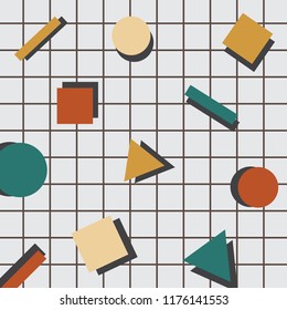 Memphis geometric seamless pattern with warm colors texture of simple shapes with shadows. Vector illustration pattern for background, wallpaper, web, banner or cover.