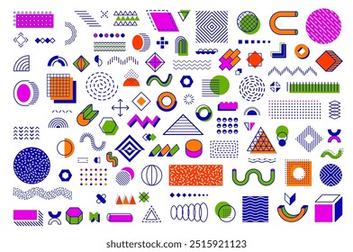 Memphis geometric shapes and abstract elements. Vector 80s or 90s trendy ornament in hipster style with modern colorful figures. Pattern or background with linear details, dots, triangles and waves